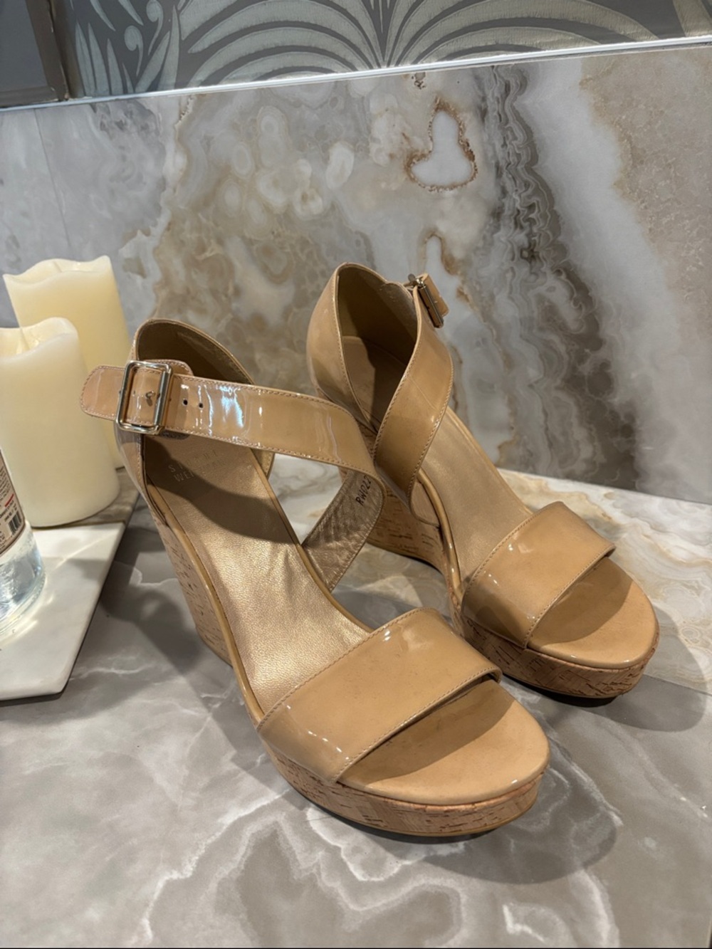 Stuart Weitzman Beige Patent Cork Wedge Sandals